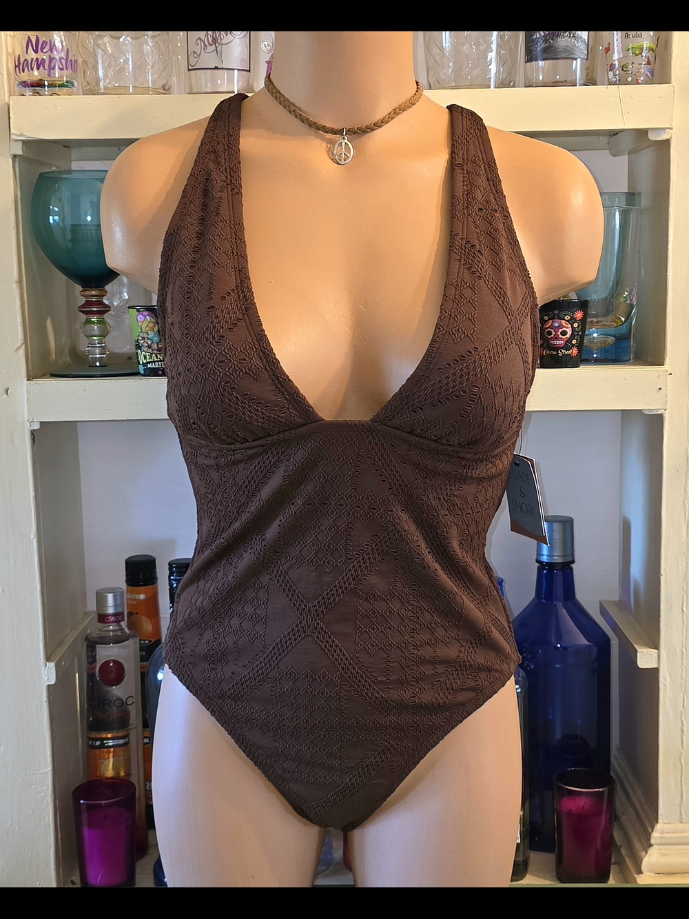 Shade And Shore 1 Piece Swimsuit S(4-6) Brown Textured Lined Plunge High-leg NWT